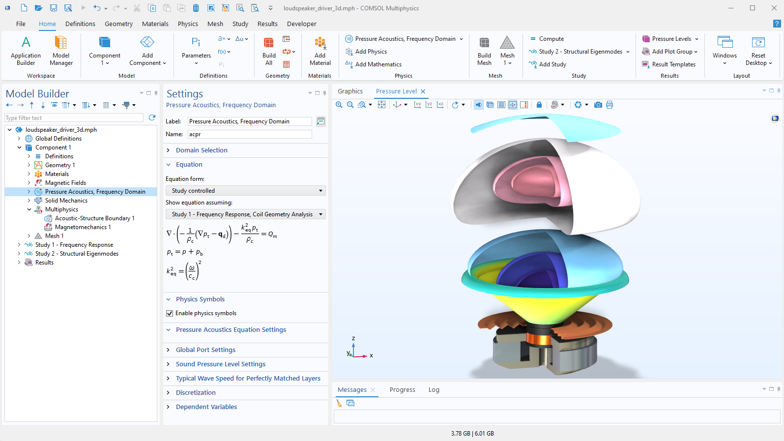 The COMSOL Multiphysics UI showing the Model Builder with the Pressure Acoustics, Frequency Domain node highlighted, the corresponding Settings window, and a loudspeaker model in the Graphics window.