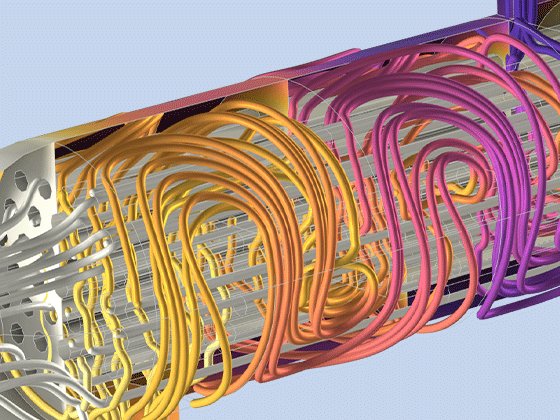 A close-up view of the temperature and fluid streamlines through a heat exchanger